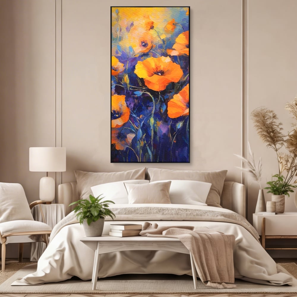 Tablou canvas cu tablou canvas cu maci portocalii, in rama de aluminiu negru, pe perete intr-un dormitor